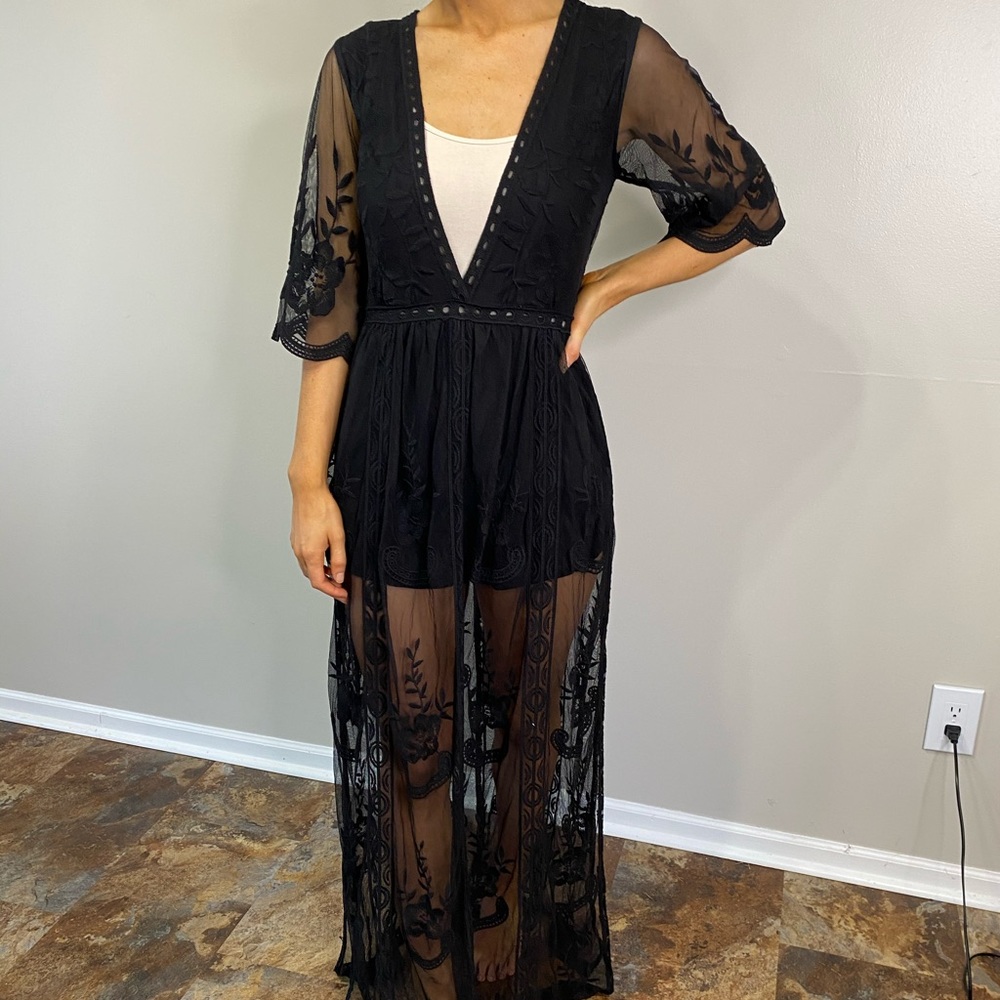 Black lace romper maxi dress